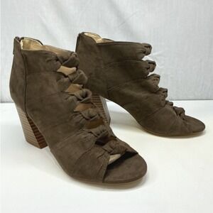 Attention Women Brown Suede Knot Detail Peep Toe Heeled Booties Ankle Boots 7